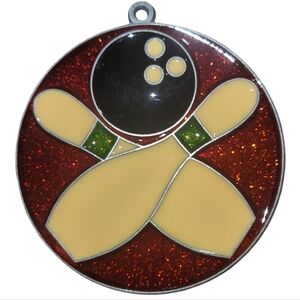 Vntg Handmade Stained Glass Bowling Ball & Pins Suncatcher Ornament Glitter Red
